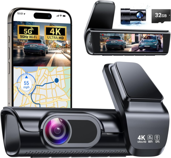 Camera hành trình K600 4K phía trước và phía sau, Màn hình IPS 3,59", GPS tích hợp 5G WiFi cho xe ô tô có ứng dụng, Tầm nhìn ban đêm UHD 2160P Thẻ SD 32G miễn phí, Góc rộng 170°, HDR, Chế độ đỗ xe 24 giờ