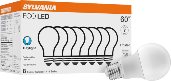 Bóng đèn SYLVANIA ECO LED A19, tương đương 60W, hiệu quả 9W, 7 năm, 750 Lumen, không thể điều chỉnh độ sáng, mờ, 5000K, ánh sáng ban ngày - 8 chiếc (Gói 1) (40883)